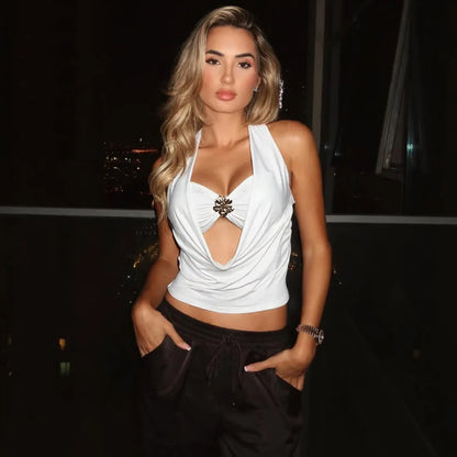 Women's Elegant Halter Neck Sleeveless Top – Sexy Hollow Out Backless Summer Casual Crop T-Shirt