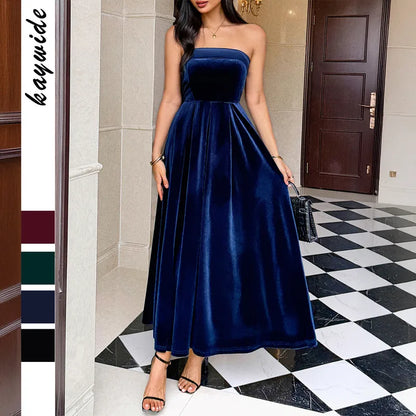 Women's Elegant Strapless Velvet Maxi Dress – High Waist A-Line Evening Gown