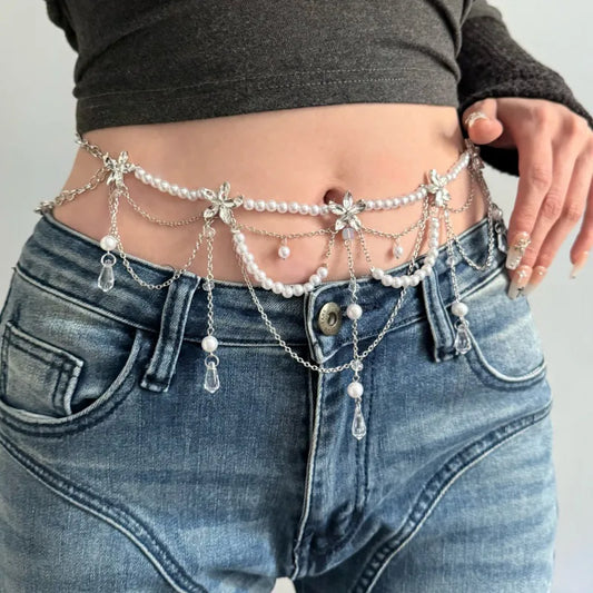 Multi-Layer Pearl Flower Waterdrop Tassel Waist Chain