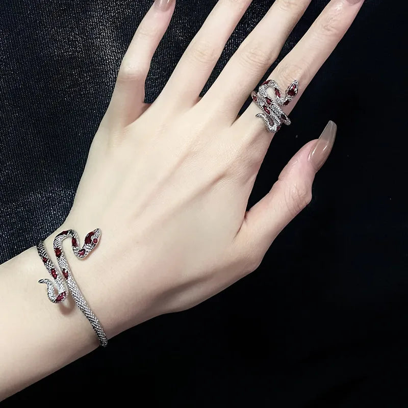 Silver Snake Bracelet & Ring Set with Red Gem Inlay