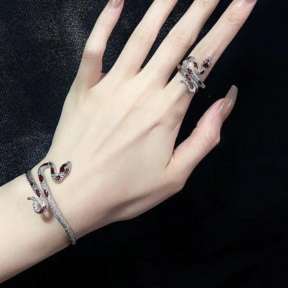 Silver Snake Bracelet & Ring Set with Red Gem Inlay