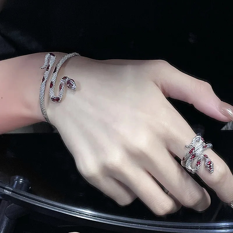 Silver Snake Bracelet & Ring Set with Red Gem Inlay