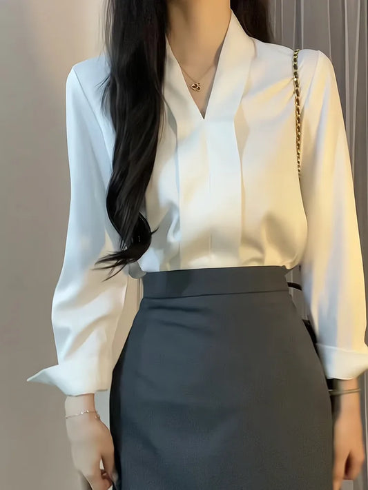 Women’s Elegant V-Neck Blouse – Solid White Long Sleeve Slim Fit Office Shirt