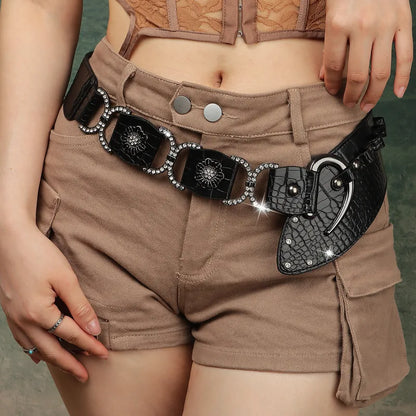 Gothic Bohemian Leather Belt – Black Croc-Embossed Wide Waist Belt with Alloy Buckle & Rhinestone Accents