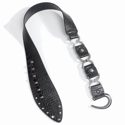 Gothic Bohemian Leather Belt – Black Croc-Embossed Wide Waist Belt with Alloy Buckle & Rhinestone Accents