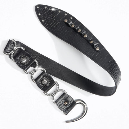 Gothic Bohemian Leather Belt – Black Croc-Embossed Wide Waist Belt with Alloy Buckle & Rhinestone Accents