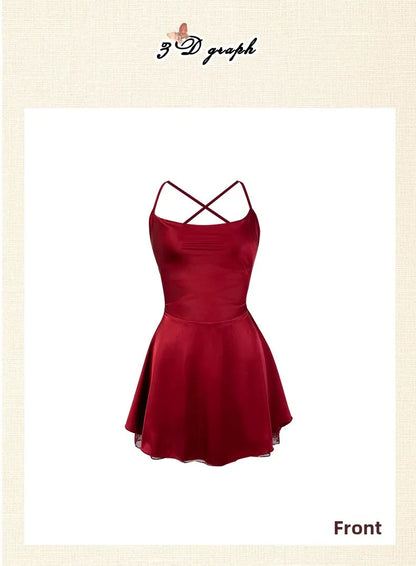 Women's Elegant White Satin Mini Dress – Sleeveless Spaghetti Strap Backless Party Dress