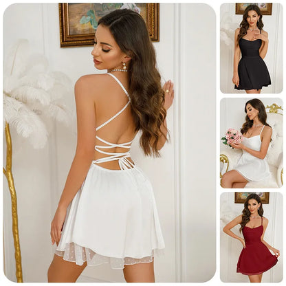 Women's Elegant White Satin Mini Dress – Sleeveless Spaghetti Strap Backless Party Dress
