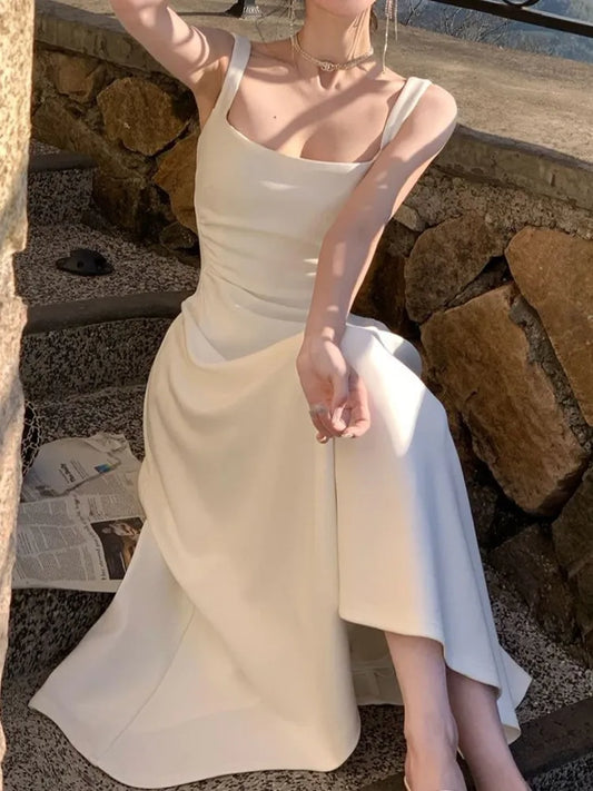 Women's Elegant White Square Neck Sleeveless Maxi Dress – French Slim Fit Evening Long Dress