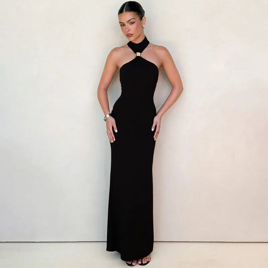 Elegant Black High-Neck Sleeveless Slim Fit Maxi Dress – Women's Formal Evening & Party Gown