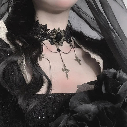 Gothic Dark Lolita Lace Cross Punk Clavicle Chain Choker Neck Collar Female