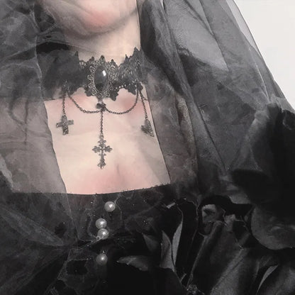 Gothic Dark Lolita Lace Cross Punk Clavicle Chain Choker Neck Collar Female
