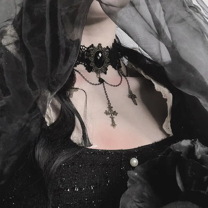 Gothic Dark Lolita Lace Cross Punk Clavicle Chain Choker Neck Collar Female