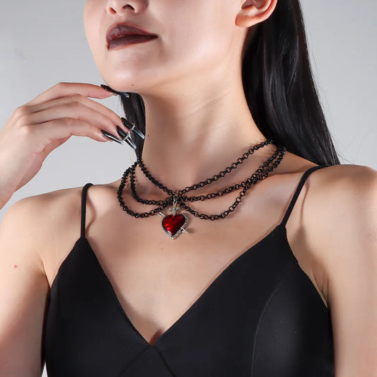 “Gothic Retro Heart Necklace – Black Layered Chain Choker with Red Sacred Heart Pendant