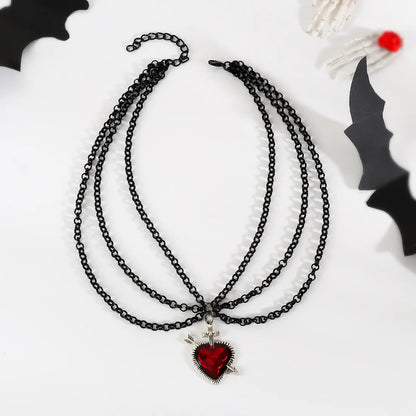 “Gothic Retro Heart Necklace – Black Layered Chain Choker with Red Sacred Heart Pendant