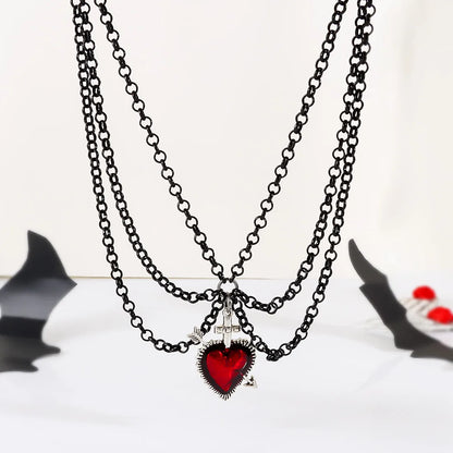 “Gothic Retro Heart Necklace – Black Layered Chain Choker with Red Sacred Heart Pendant