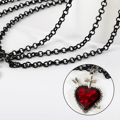 “Gothic Retro Heart Necklace – Black Layered Chain Choker with Red Sacred Heart Pendant