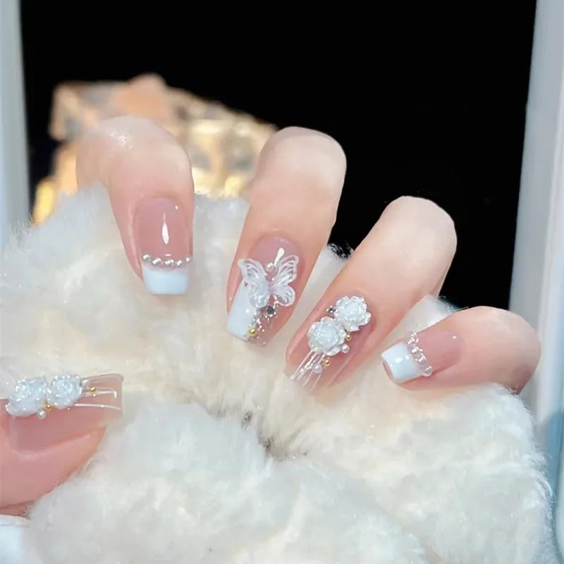 White Butterfly Pearl Nail Set (Code-ZX#406)
