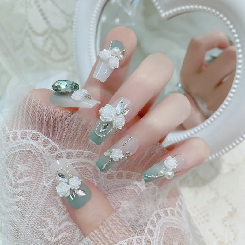 Mint Floral Pearl Nail Set (Code-ZX#404)