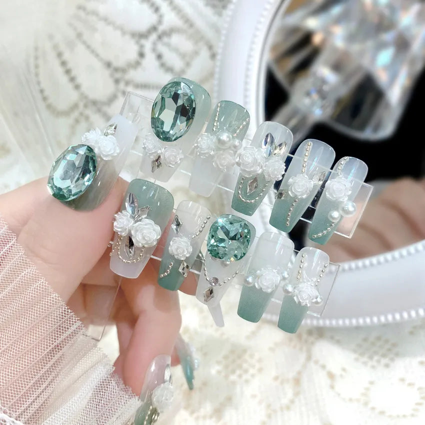 Mint Floral Pearl Nail Set (Code-ZX#404)
