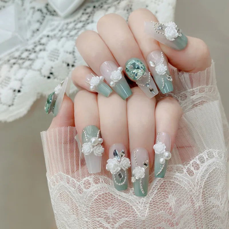 Mint Floral Pearl Nail Set (Code-ZX#404)