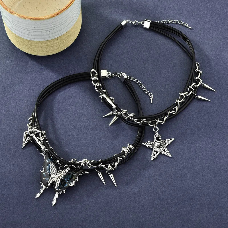 Gothic Punk Choker Set – Spiked Chain with Butterfly & Star Pendants