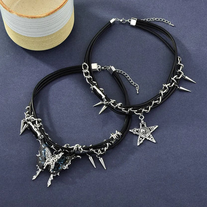 Gothic Punk Choker Set – Spiked Chain with Butterfly & Star Pendants