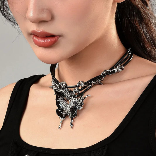 Gothic Punk Choker Set – Spiked Chain with Butterfly & Star Pendants