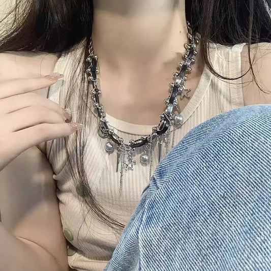 Hip-Hop Punk Star Tassel Necklace – Gothic Chain Choker with Spikes & Pearl Charms