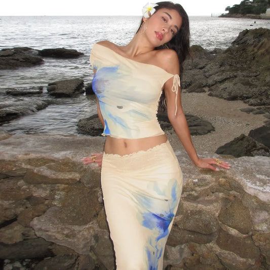 Women's Elegant Off-Shoulder Floral Print Two-Piece Set – Crop Top & Maxi Skirt Holiday Outfit