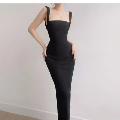Women's Elegant Sleeveless Square Neck Bodycon Maxi Dress – Slim Fit Waist Cinching Long Dress