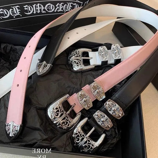 Y2K Streetwear Pink PU Leather Belt – Gothic Alloy Buckle & Vintage Floral Engraved Design
