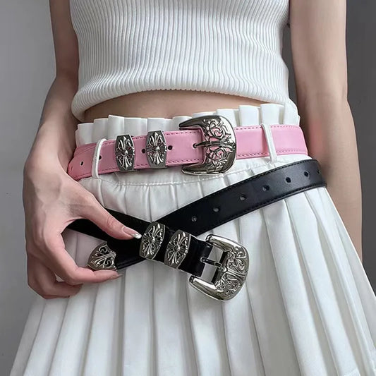 Y2K Streetwear Pink PU Leather Belt – Gothic Alloy Buckle & Vintage Floral Engraved Design