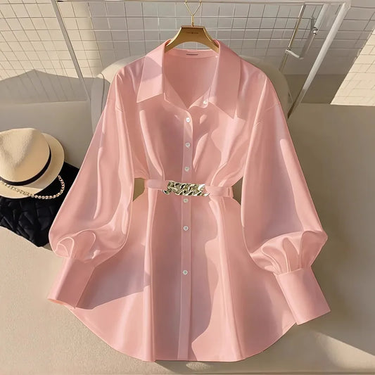 Women’s Elegant Lantern Sleeve Blouse – Solid White Button Down Shirt with Chain Waist Belt