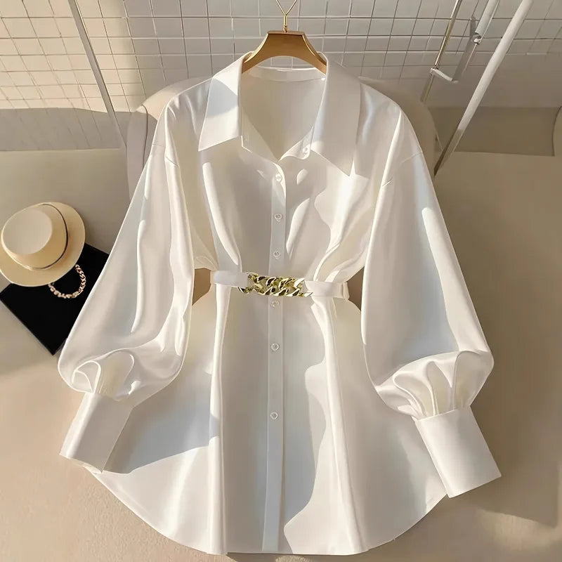 Women’s Elegant Lantern Sleeve Blouse – Solid White Button Down Shirt with Chain Waist Belt