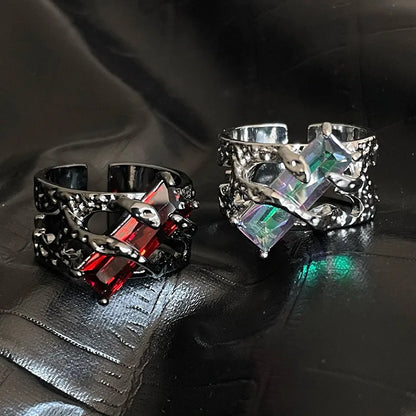 Gothic Lava Thorn Crystal Ring – Adjustable Open Ring