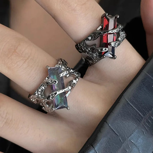 Gothic Lava Thorn Crystal Ring – Adjustable Open Ring