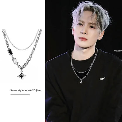 Double Layer Black Gem Pendant Chain Necklace