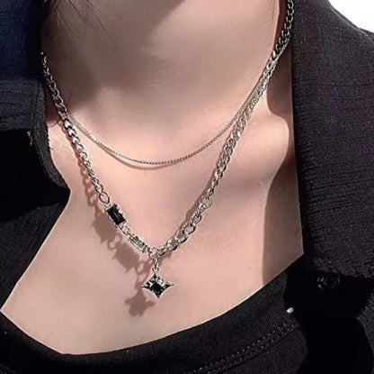 Double Layer Black Gem Pendant Chain Necklace
