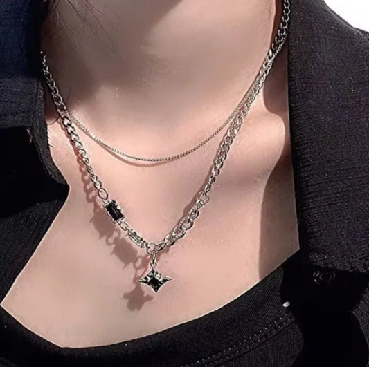 Double Layer Black Gem Pendant Chain Necklace