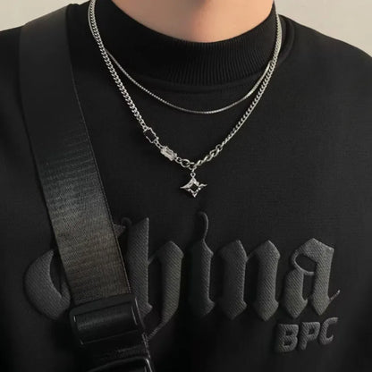 Double Layer Black Gem Pendant Chain Necklace