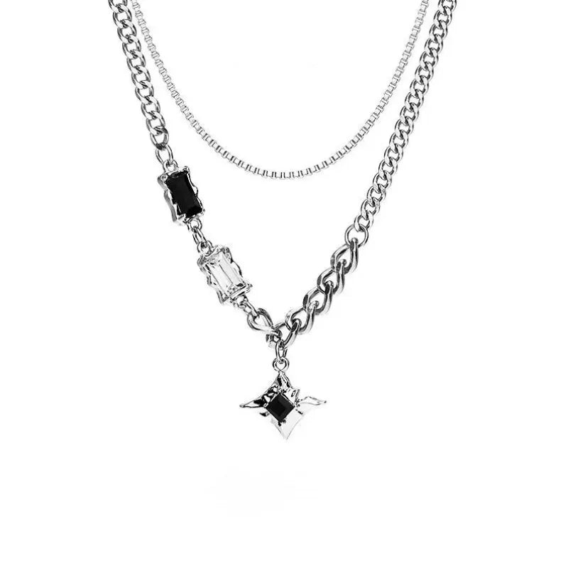 Double Layer Black Gem Pendant Chain Necklace