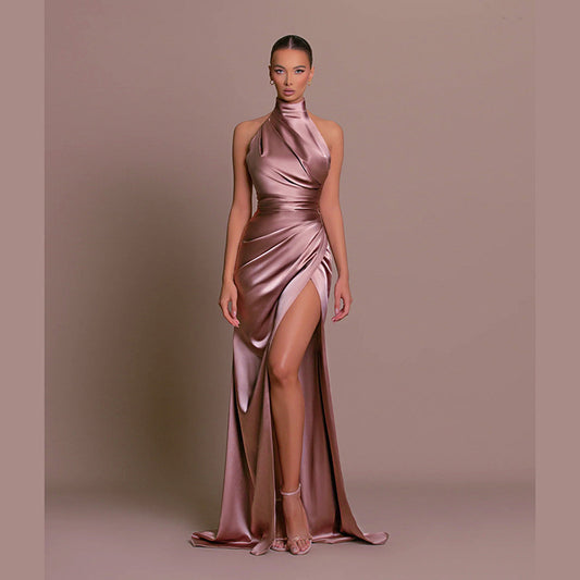 Women's Elegant Sleeveless Standing Collar Party Dress – Solid Color Evening Outfit