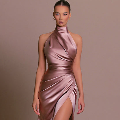 Women's Elegant Sleeveless Standing Collar Party Dress – Solid Color Evening Outfit