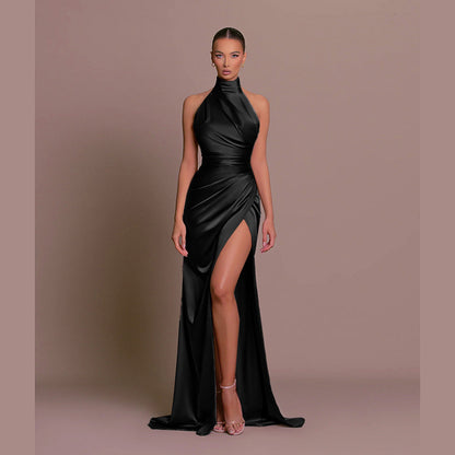 Women's Elegant Sleeveless Standing Collar Party Dress – Solid Color Evening Outfit