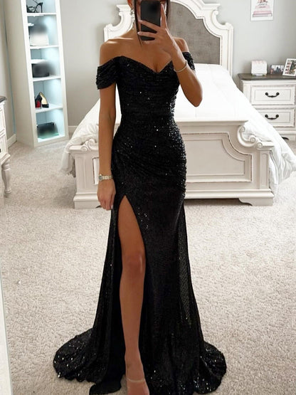 Women's Classic Sequin Party Dress – V-Neck, Sleeveless, Slit, Solid Color Banquet Evening Gown
