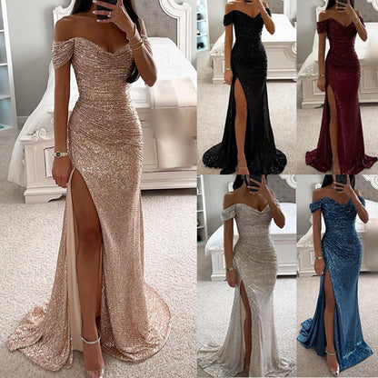 Women's Classic Sequin Party Dress – V-Neck, Sleeveless, Slit, Solid Color Banquet Evening Gown
