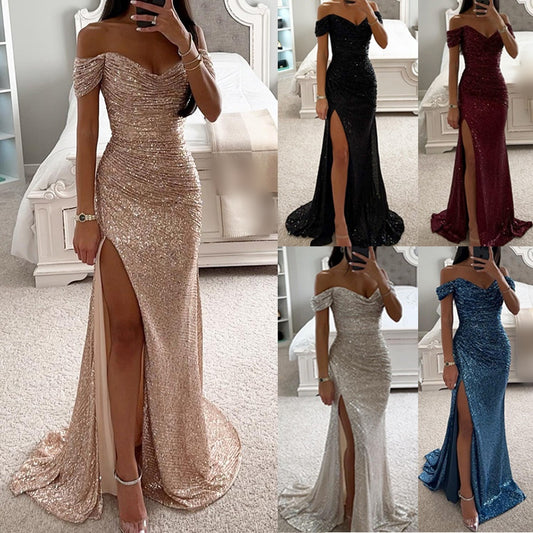 Women's Classic Sequin Party Dress – V-Neck, Sleeveless, Slit, Solid Color Banquet Evening Gown