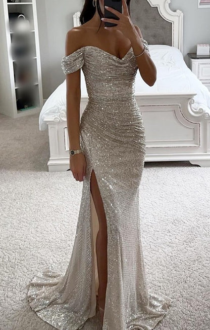 Women's Classic Sequin Party Dress – V-Neck, Sleeveless, Slit, Solid Color Banquet Evening Gown