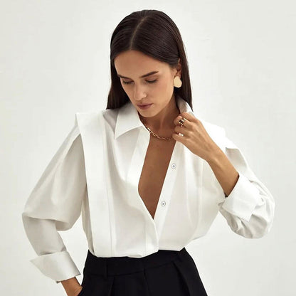 Women’s Elegant White Shirt – Solid Color Long Sleeve Button Down Blouse